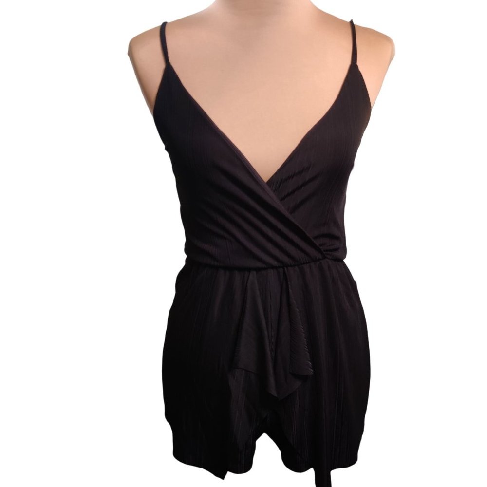 Revamped womens black romper sleeveless v neck cross front cinched waist sz S